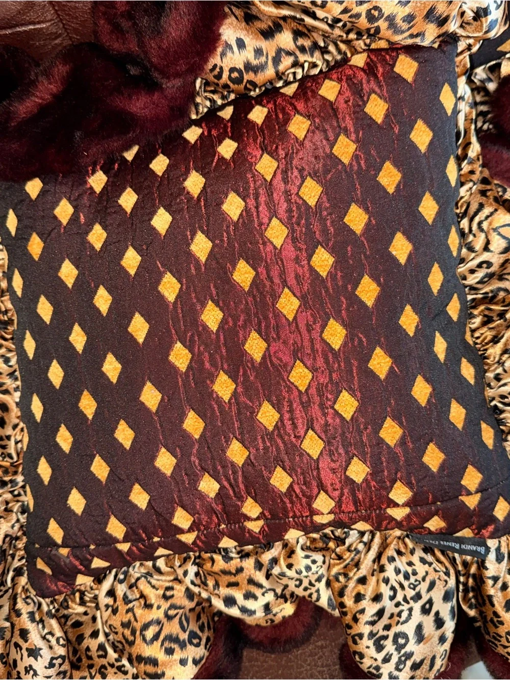 Burgundy Faux-Fur Ruffle Accent Pillow with Leopard Trim